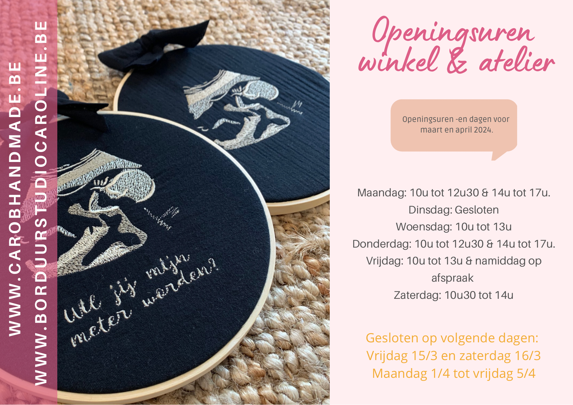Openingsuren winkel & atelier in maart en april - Caro B Handmade