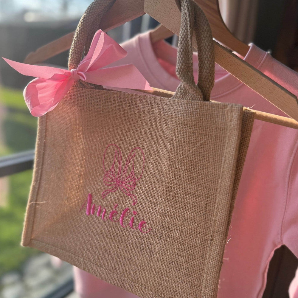 Paasmand voor kinderen met konijn - Geborduurd met naam - Pasen - Jute - Caro B Handmade