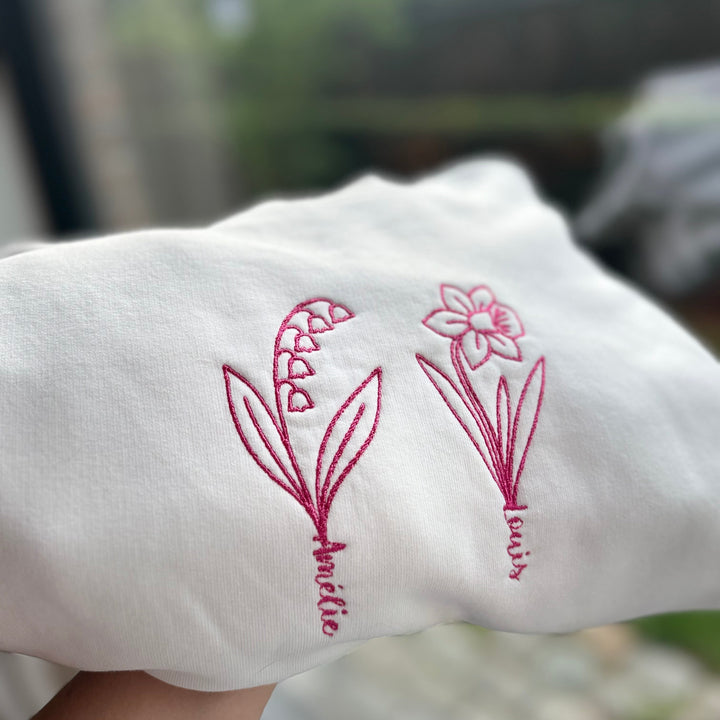 Mama sweater met geboortebloem van kindjes