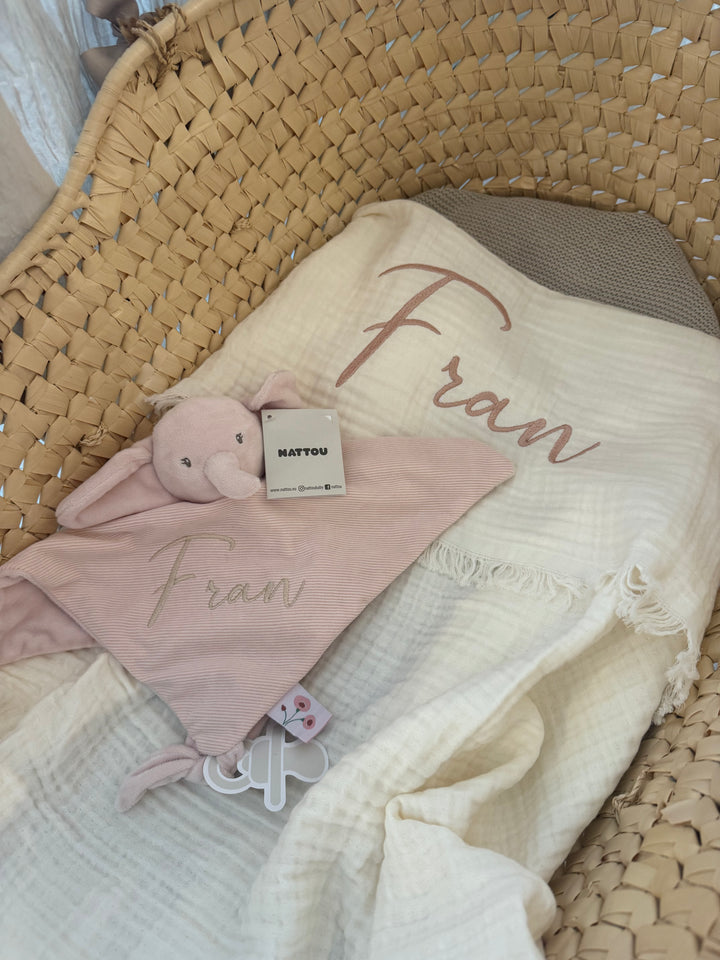 Jollein Deken GOTS Fringe met Naam - Borduren - Ivory
