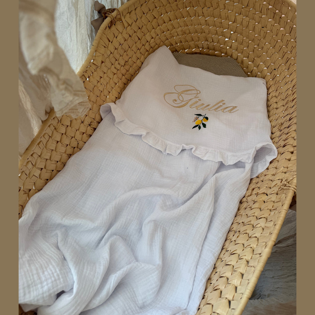 Hydrofiel Babydeken & ruffles met naam - 100% Katoen - Borduren