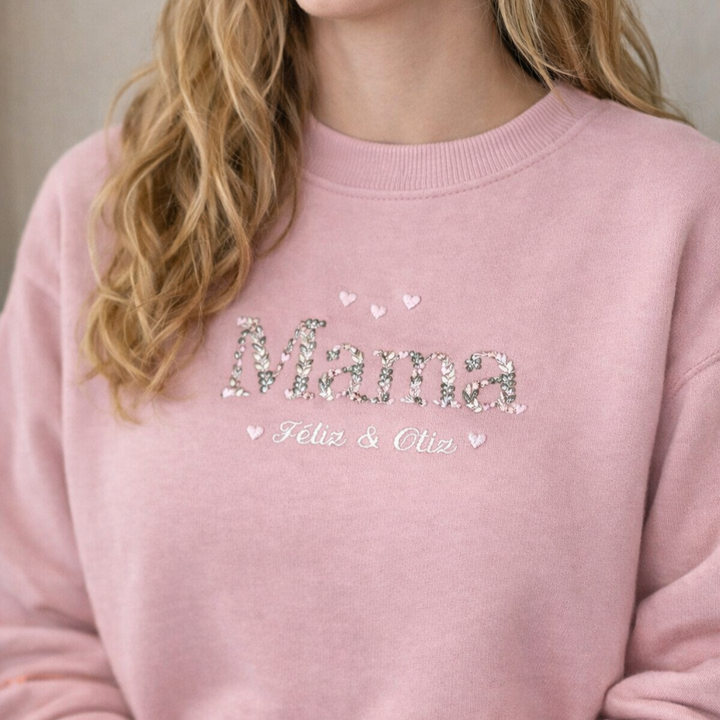 Mama sweater met takjes en hartjes – Gepersonaliseerd met namen van je kindjes Caro B Handmade - Signature Collection