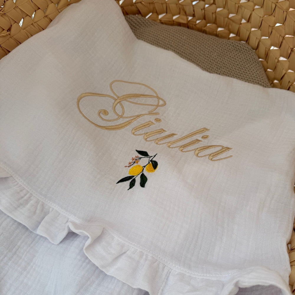 Hydrofiel Babydeken & ruffles met naam - 100% Katoen - Borduren Living Nature
