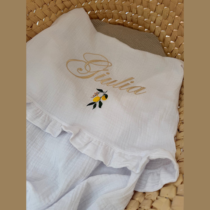 Hydrofiel Babydeken & ruffles met naam - 100% Katoen - Borduren