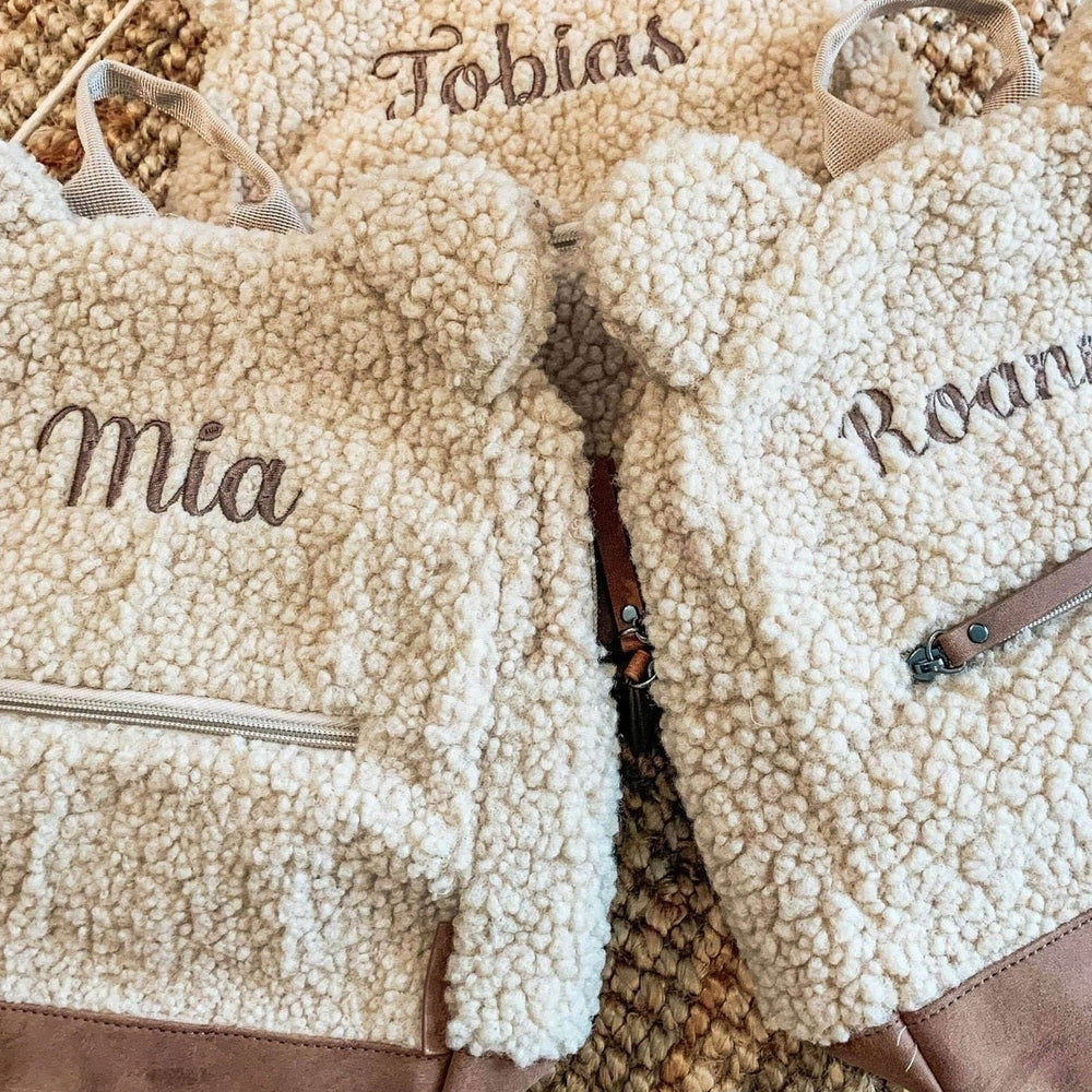 Teddy Kinderrugzak met bereoortjes Geborduurd met naam - Kleuter & peuter - Beige - Caro B Handmade