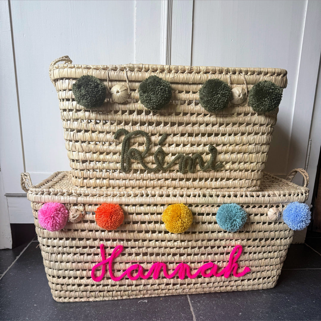 Speelgoedmand XL 60 cm palmblad met naam - Opbergmand - Mand met punnik Caro B Make It Yours