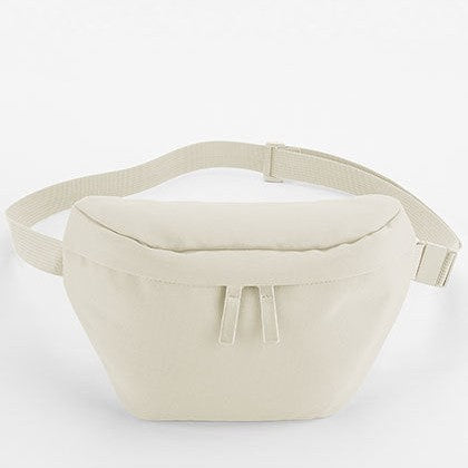 Beige heuptas met ritssluiting en verstelbare band op een lichte achtergrond.