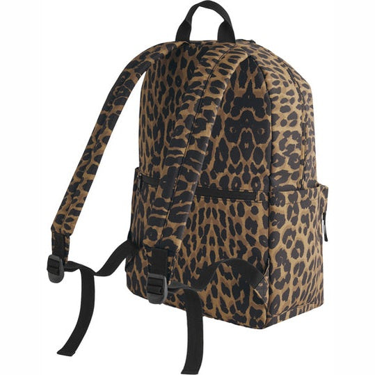 Achterzijde van de leopard rugzak met zwarte schouderbanden.