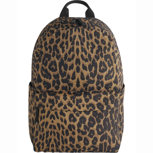 Frontale productfoto van een leopard rugzak met zwart handvat en voorvak.