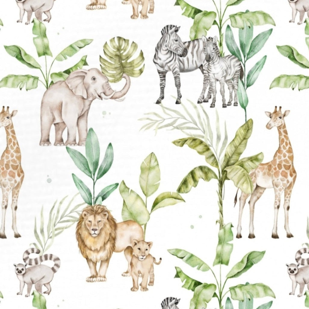 Stofprint voor een handgemaakt safari-babydeken.