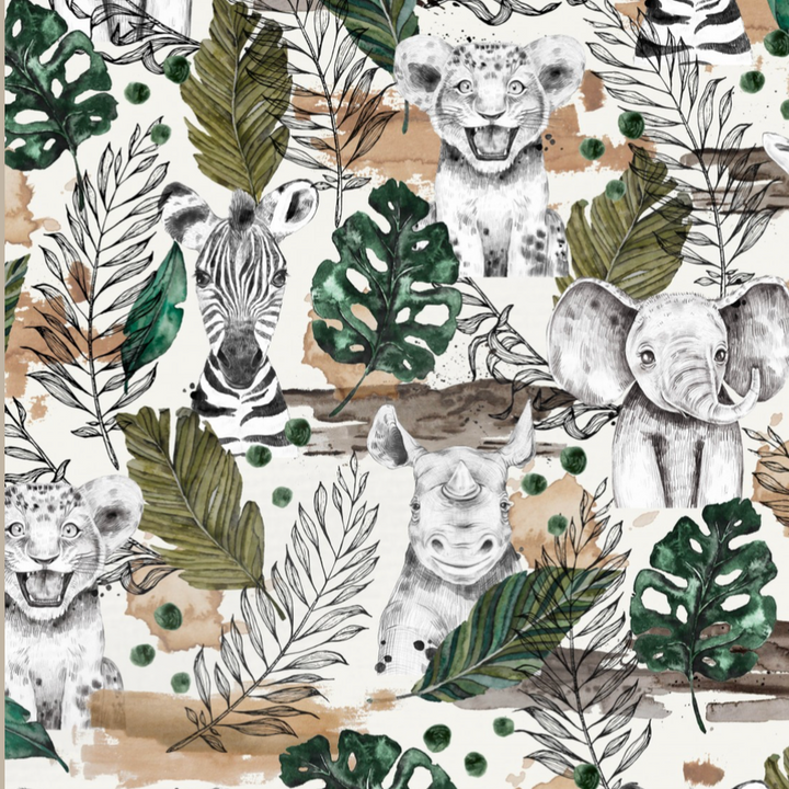 Stofprint voor een handgemaakt safari-babydeken.