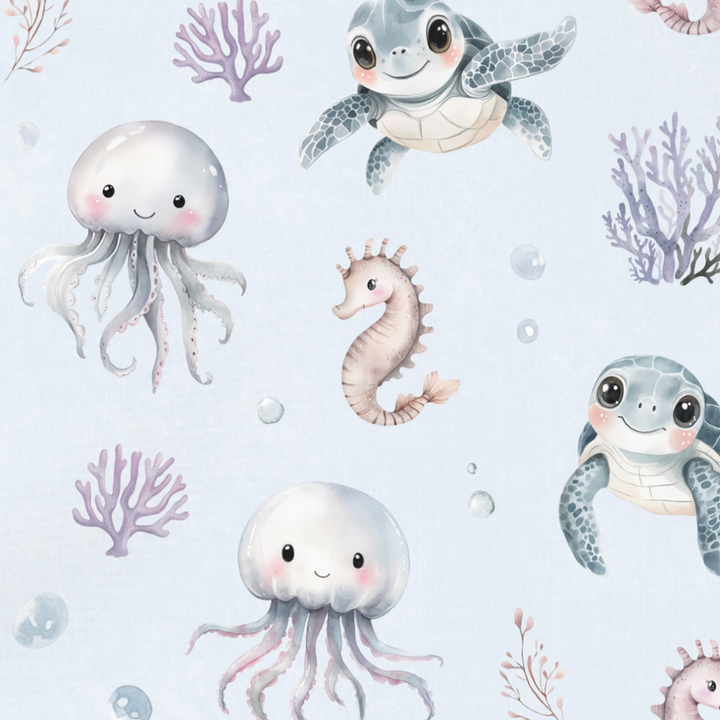 Lichtblauwe stofprint met zeeschildpadden, kwallen en een zeepaardje.